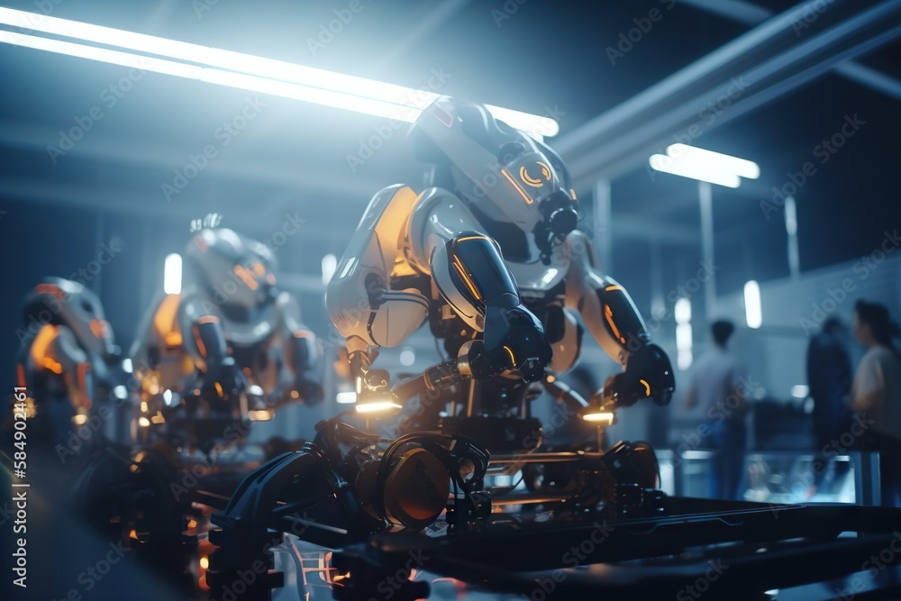 Poster A Robot Is Standing In A Room With People Around It And A Light Shining On The Robot Factory Animation Robotics Engineering Generative AI 