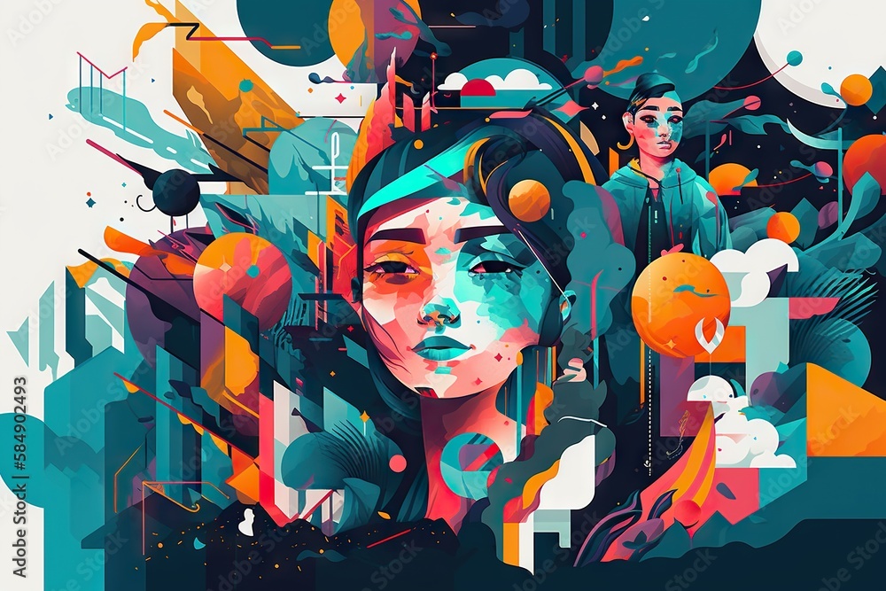 Poster a woman with a colorful abstract background and a man in the background marina fauvism print design 