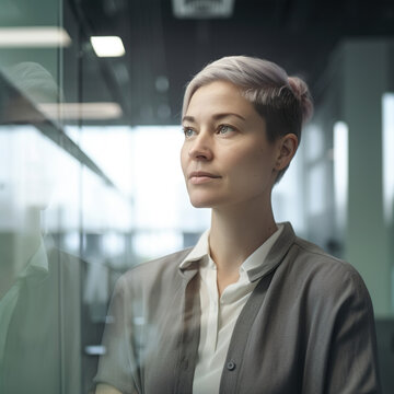Young businesswoman with short hair standing confidently in an office, generative AI