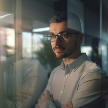 Portrait of a man in a shirt looking through an office window, generative AI