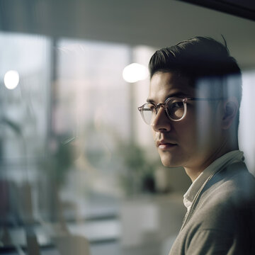 Portrait of a man gazing into an office, generative AI