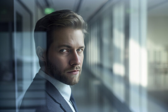 Portrait of a businessman in an office corridor, generative AI