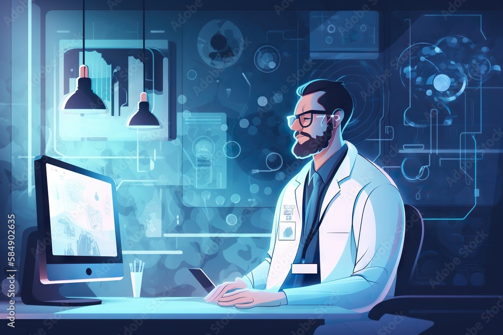 Poster a man in a lab coat sitting at a computer desk with a monitor workshop graphic design medical writin