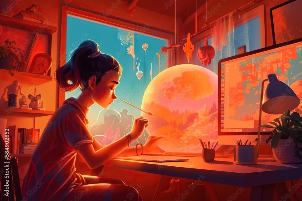 Aufkleber a girl is painting a picture on a computer screen at night lunar landscape animation computer graphi
