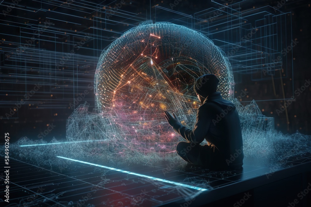 Poster a man sitting on a table using a cell phone in front of a sphere conference room video art data anal