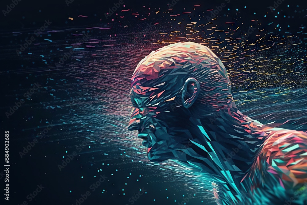 Poster a man with a face made of colorful shapes and lines on a black background graffiti wall animation mo