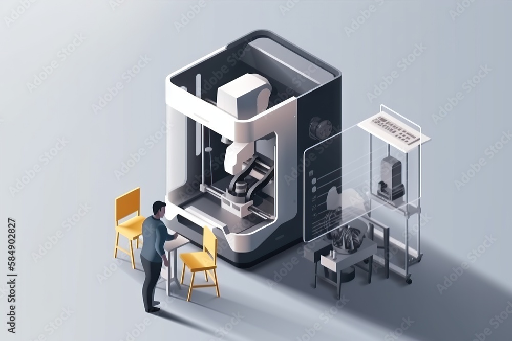 Poster a man standing next to a machine that is in a room workshop animation manufacturing planning and con
