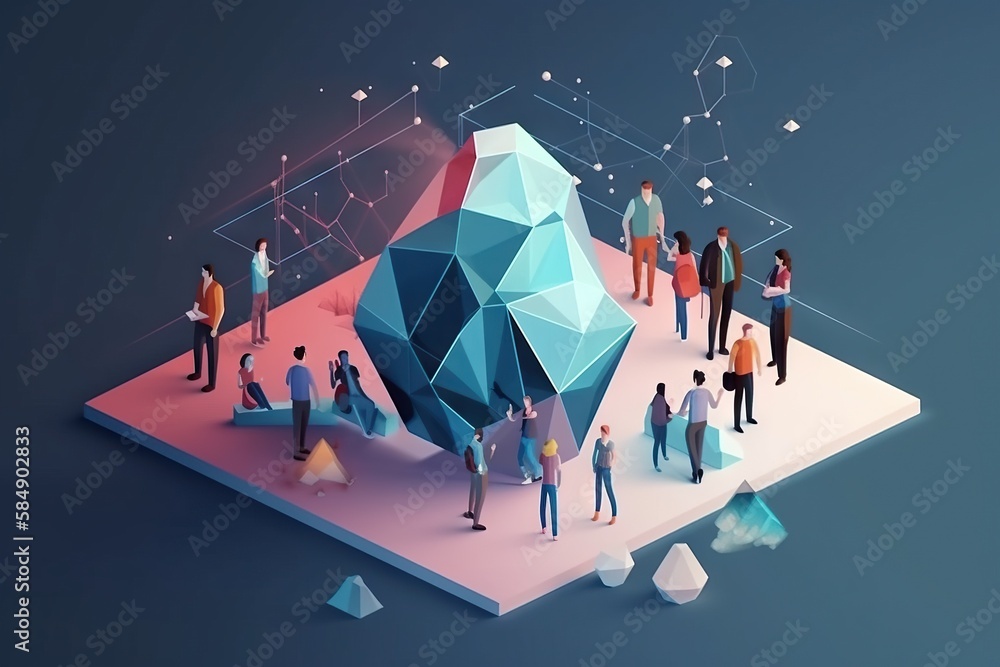 Aufkleber a group of people standing around a blue and pink object with a geometric design iceberg graphic des