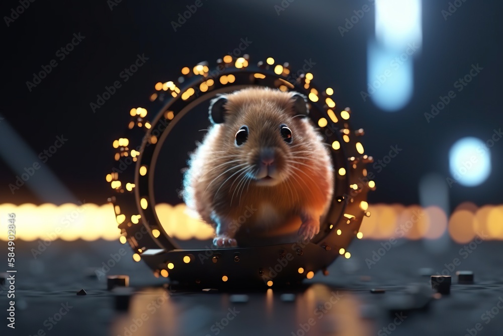 Poster a hamster is sitting in a wheel with lights around it factory animation motion graphics generative a