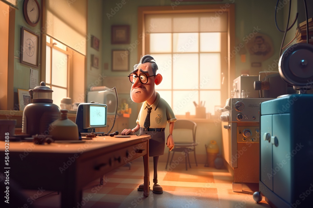 Poster A Cartoon Character Is Standing In Front Of A Computer Screen In A Room Coffee Shop Animation Animation Filmmaking Generative AI 