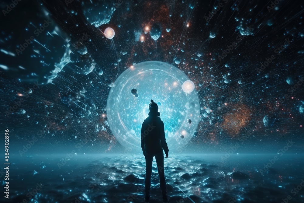 Aufkleber a man standing in front of a large ball of light in a space lunar landscape video art motion graphic