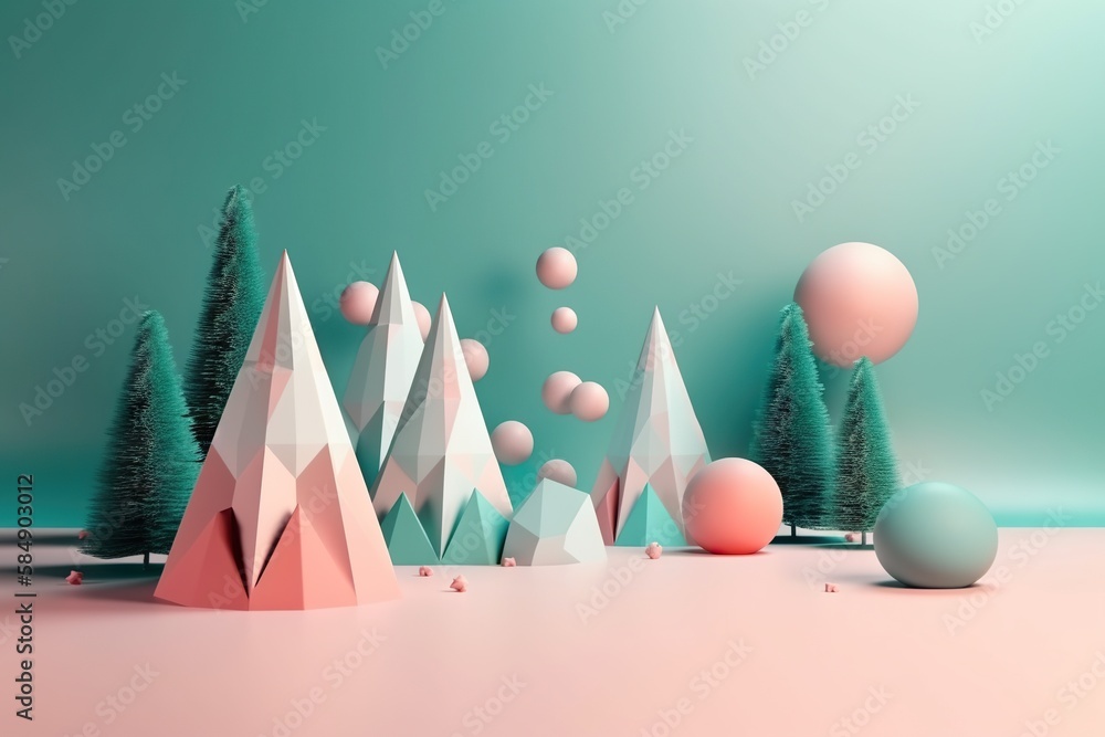 Poster a group of trees and balls in a room with a blue wall snowy mountain peak animation motion graphics 