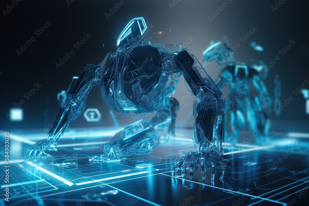Poster A Futuristic Robot Is Running On A Blue Background With Lines And Dots Zoo Animation Motion Graphics Generative AI 