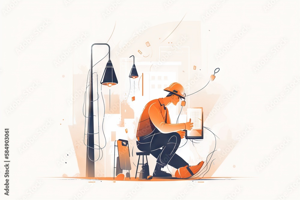 Poster a man sitting at a desk with a computer on it's lap construction site graphic design construction ma
