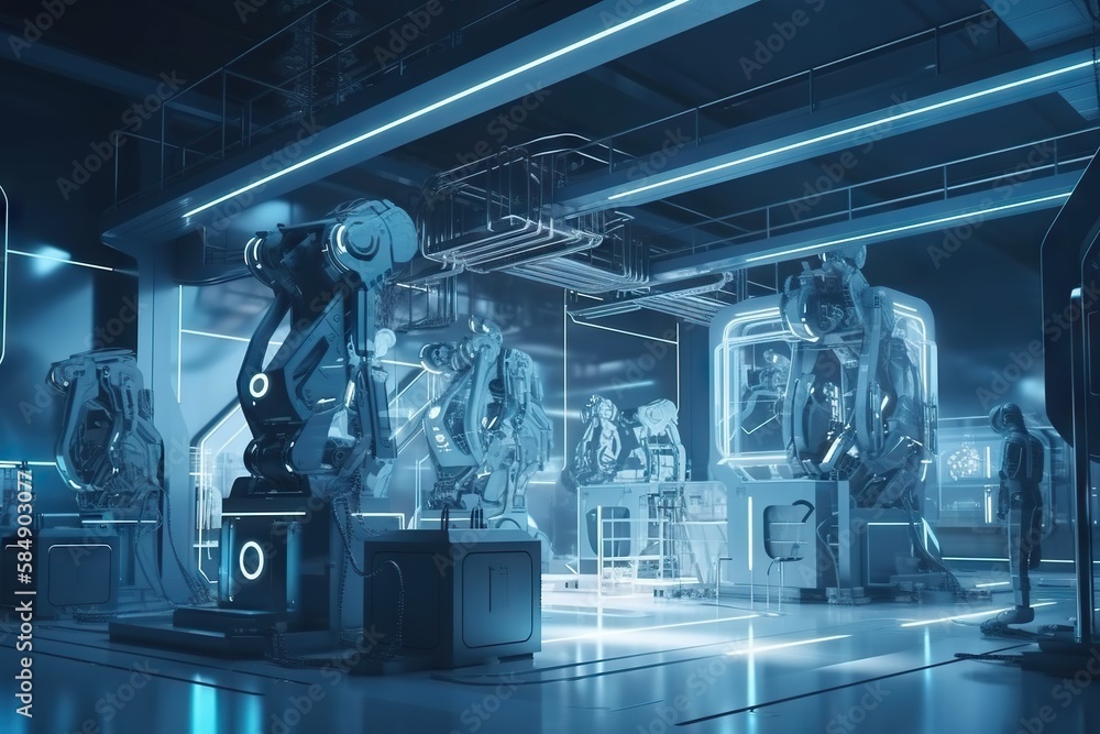 Poster A Futuristic Factory With A Robot Standing In The Center Of It Factory Animation Robotics Engineering Generative AI 