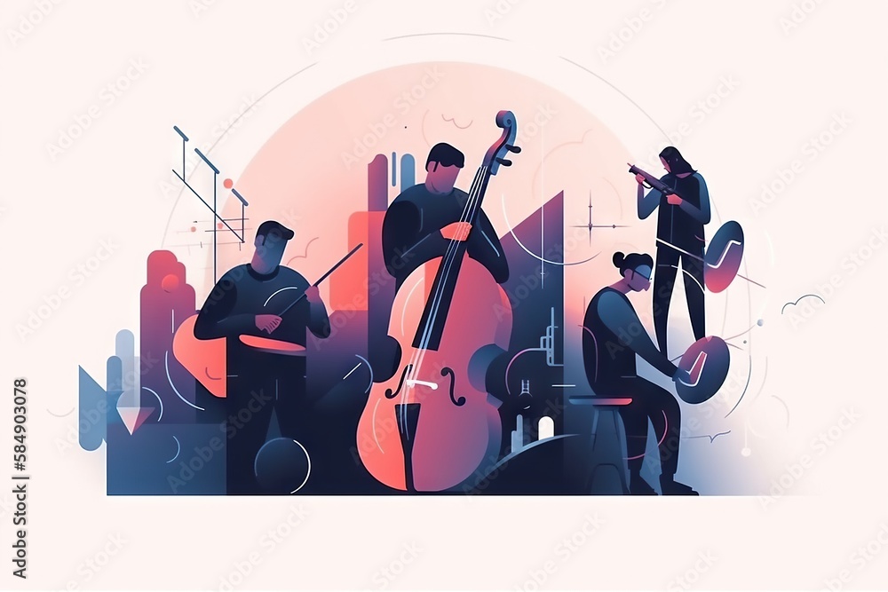 Poster a group of people playing instruments in a room with a pink background factory animation motion grap