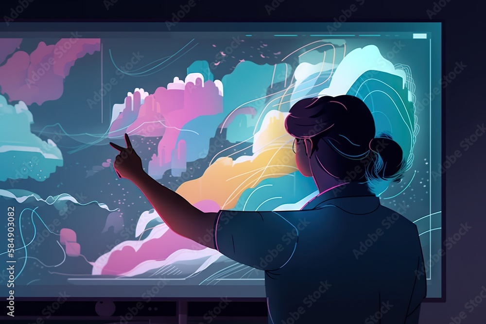 Aufkleber a woman is pointing at a large screen with clouds on it conference room animation motion graphics ge