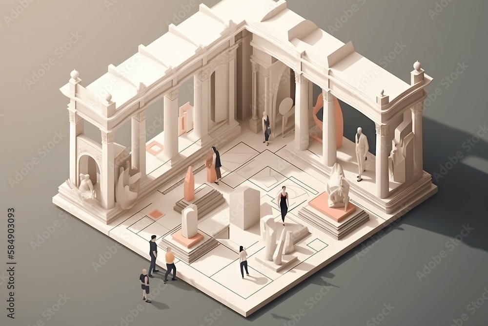 Poster a group of people standing in front of a building with columns ancient greek temple ruins animation 