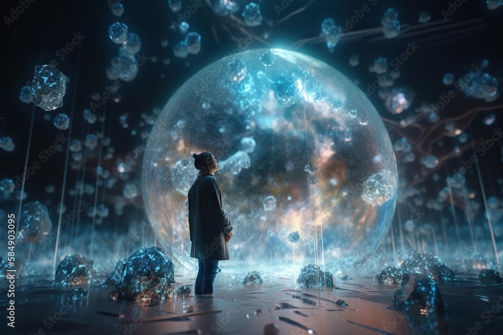 Poster a man standing in front of a giant bubble filled wall of bubbles science museum animation computer g