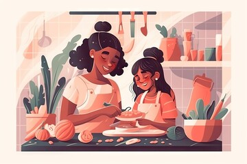 A Mother And Daughter Preparing Food In The Kitchen Together Illustration By Alex Kraut Kitchen Paper Cutting Food Writing Generative AI 