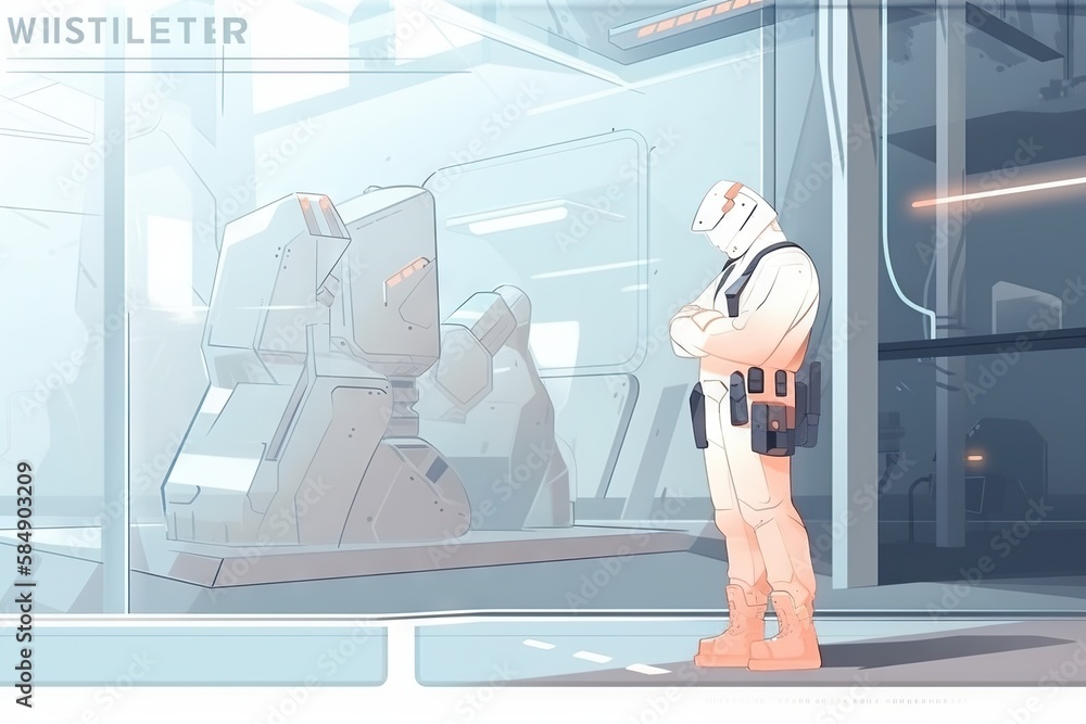 Poster a man in a white suit standing in front of a glass display arcade minimalism robotics generative ai