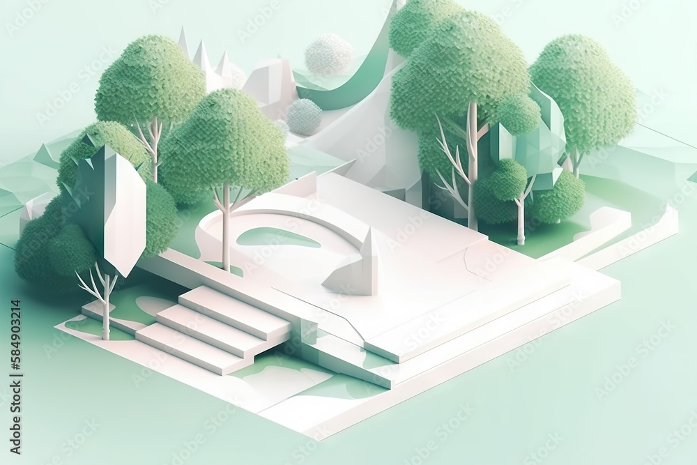 Poster a 3d rendering of a landscape with trees and a bridge in the middle park environmental art motion gr