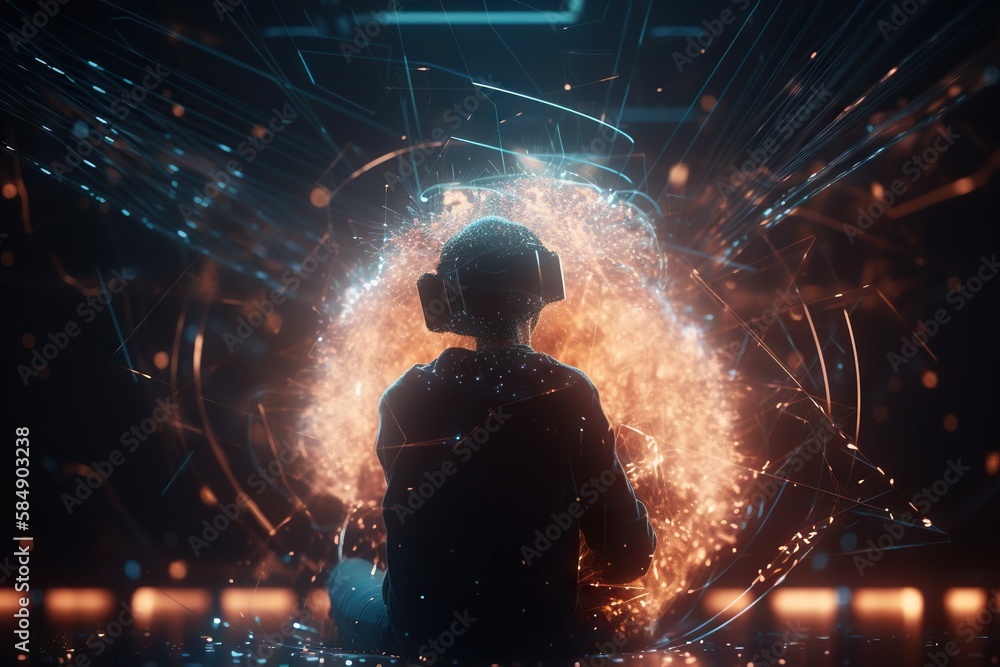 Fototapete a man in a futuristic suit standing in front of a bright light factory video art motion graphics gen