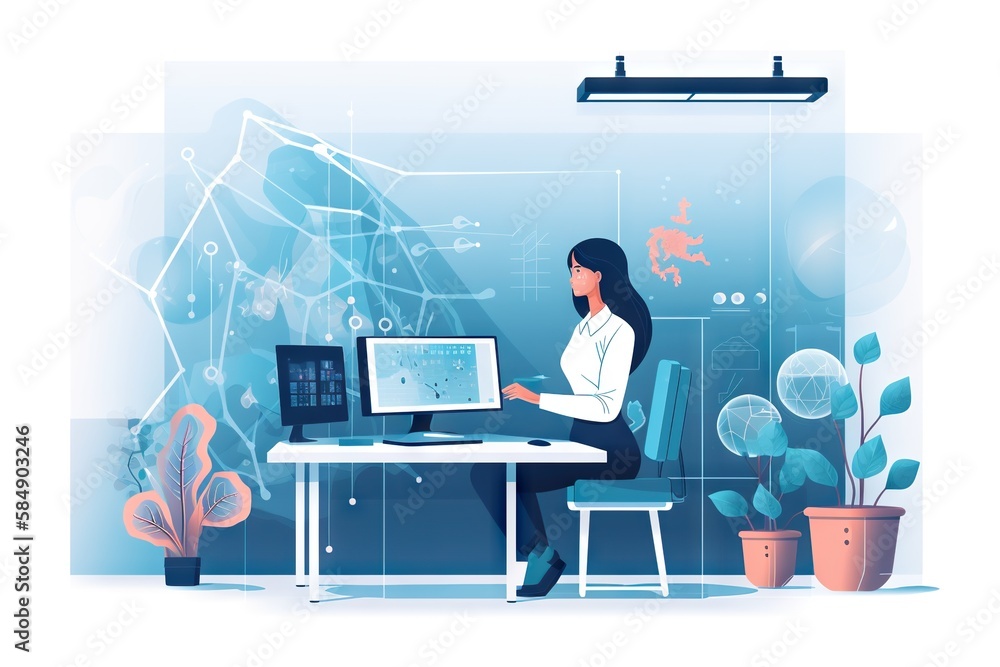Poster a woman sitting at a desk with a computer in front of her workshop graphic design web design generat
