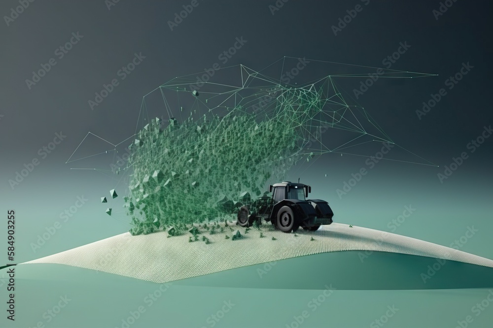 Poster a tractor is driving on a hill with a green background and lines farm animation motion graphics gene