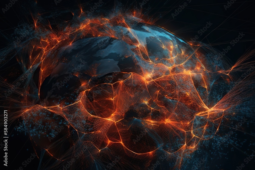 Poster a computer generated image of a planet with many lines and dots deep sea trench video art motion gra