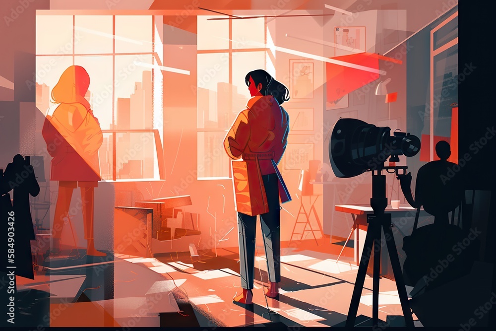Poster A Woman Is Standing In A Room With A Camera And A Tripod Factory Animation Set Design Generative AI 