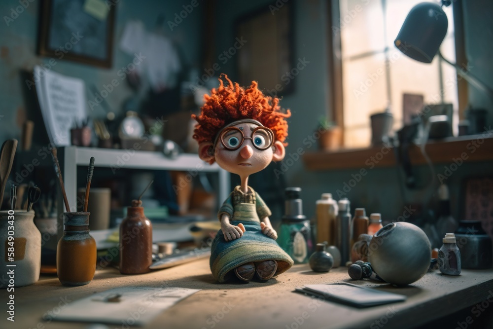 Poster a doll sitting on a table with lots of stuff around it workshop animation animation filmmaking gener