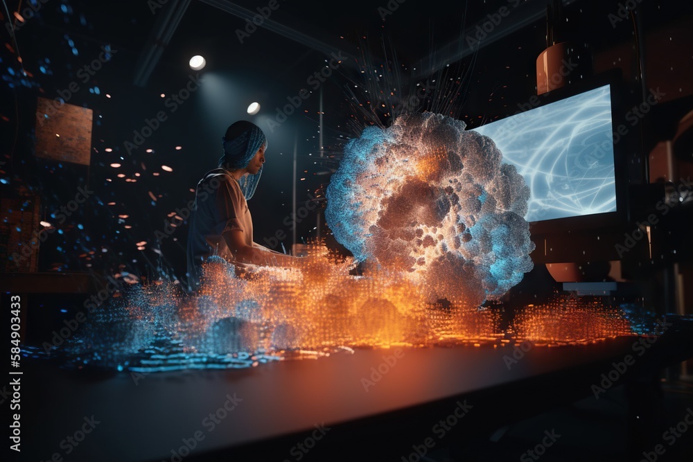 Poster a man is working on a projector screen in a dark room science museum animation motion graphics gener