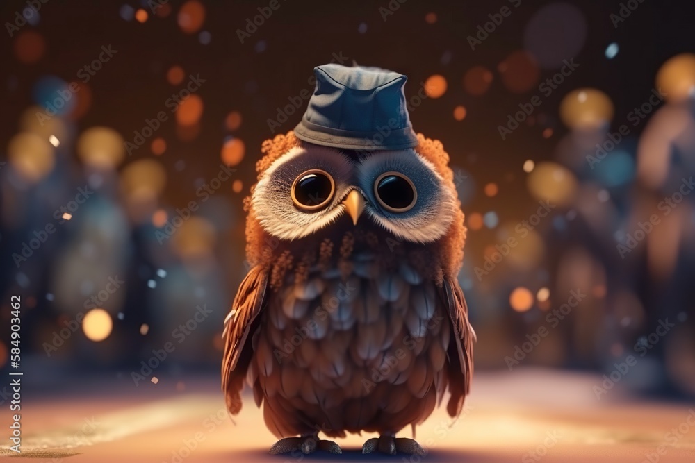 Poster a small owl with a hat on its head sitting on a table tundra animation animation filmmaking generati