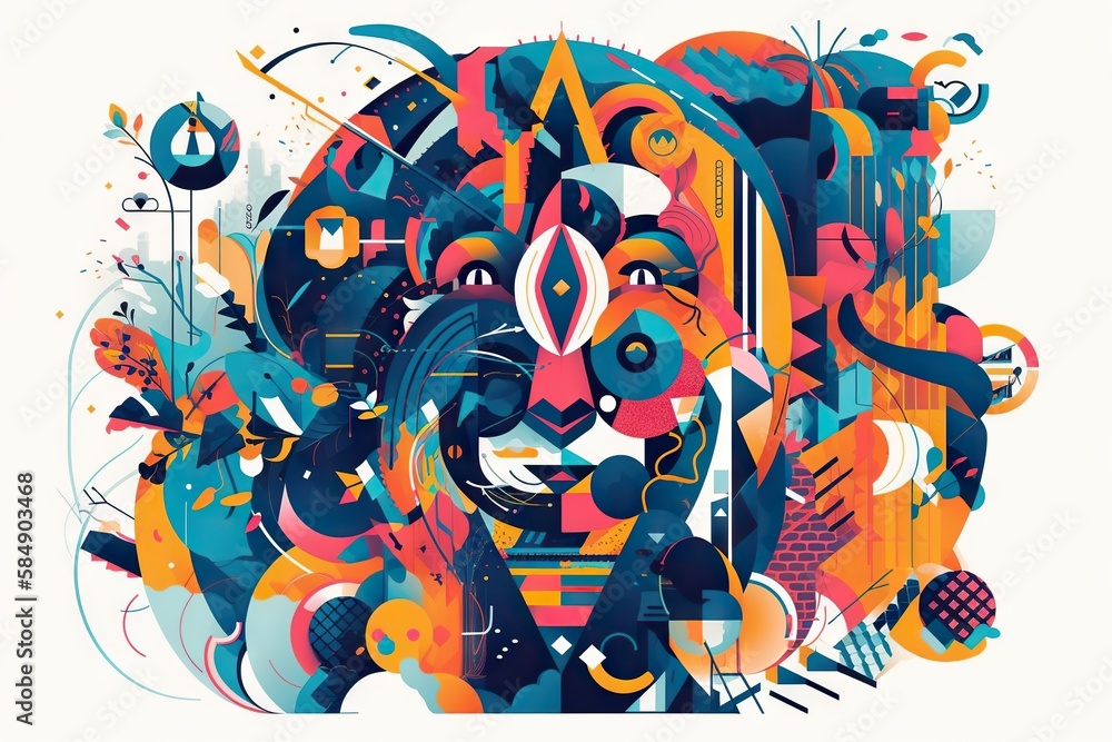 Poster a colorful abstract artwork with a lion and a bird on it zoo typography print design generative ai