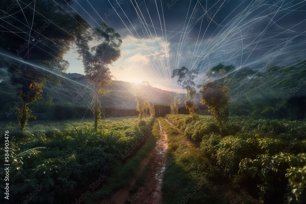 Poster a dirt road in a field with trees and a sky background rainforest time-lapse photography environment