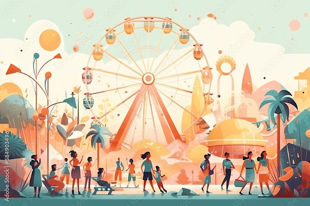 Aufkleber a ferris wheel and people walking around it in a park with trees amusement park animation motion gra