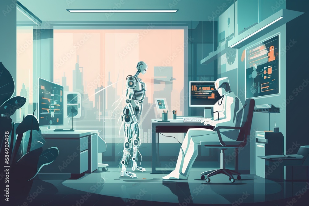 Poster A Robot Standing In Front Of A Man Sitting At A Desk Workshop Animation Robotics Engineering Generative AI 