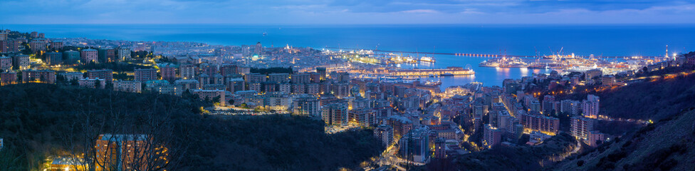 The panorama of Genova in the morning dusk.