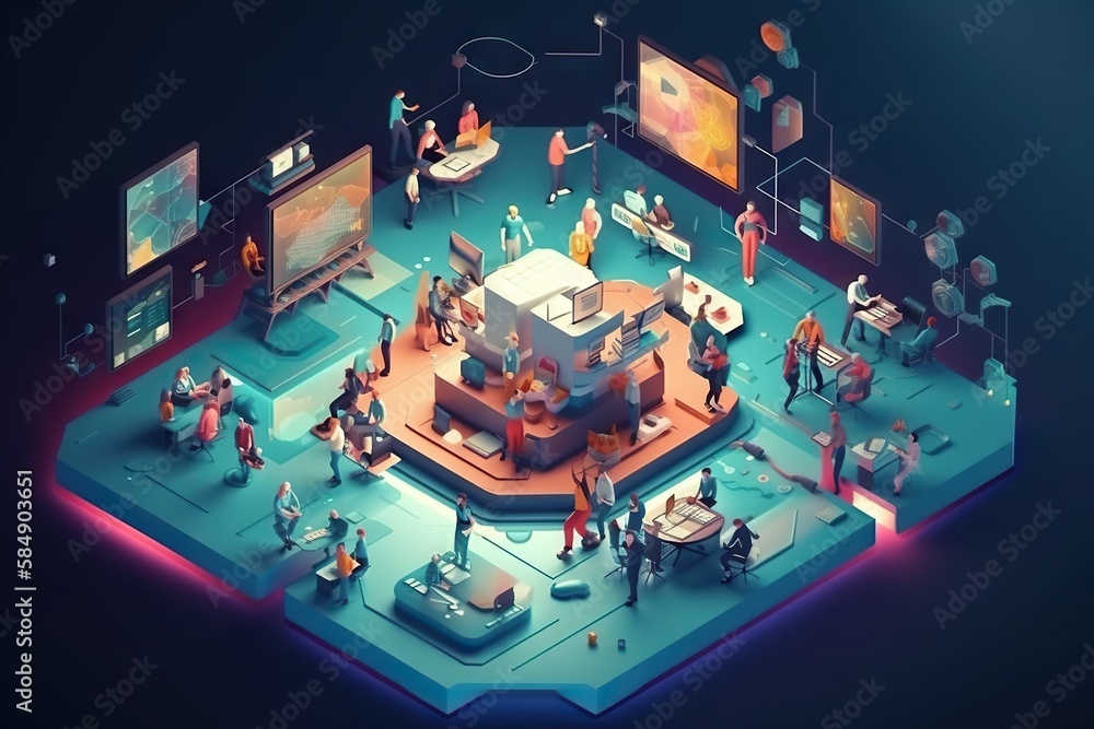 Poster a group of people standing around a table with a tv on it newsroom animation motion graphics generat