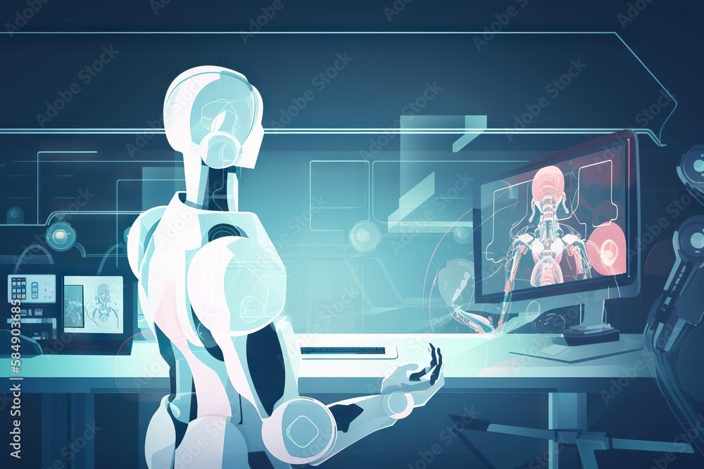 Poster a robot is using a computer to see a picture of a human workshop animation natural language processi