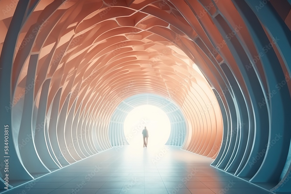 Poster a person walking down a long tunnel with a light at the end deep sea trench video art motion graphic