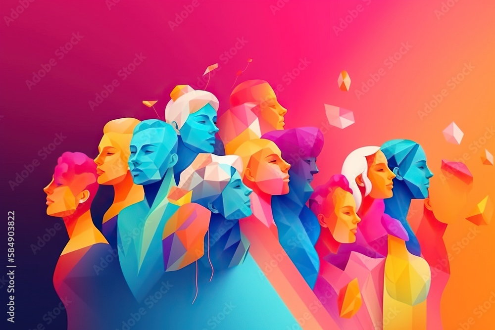 Poster a group of people with colorful shapes on their faces and shoulders oasis graphic design diversity a