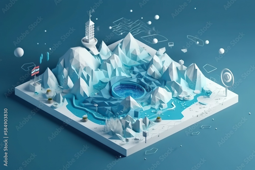 Poster a futuristic landscape with a mountain and a tower in the middle glacier animation motion graphics g
