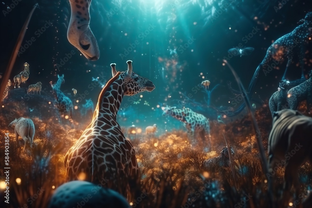 Poster a giraffe standing in a field of grass with other animals savanna animation environment generative a