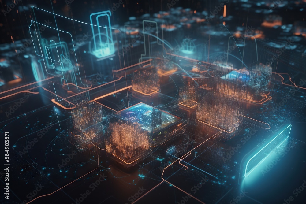 Poster a futuristic city with a lot of glowing lights and a lot of cubes factory animation motion graphics 