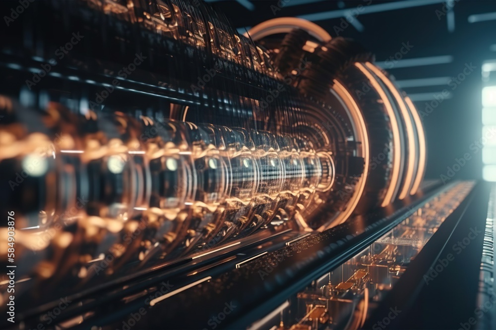 Poster a tunnel with a train going through it in the dark night factory animation motion graphics generativ