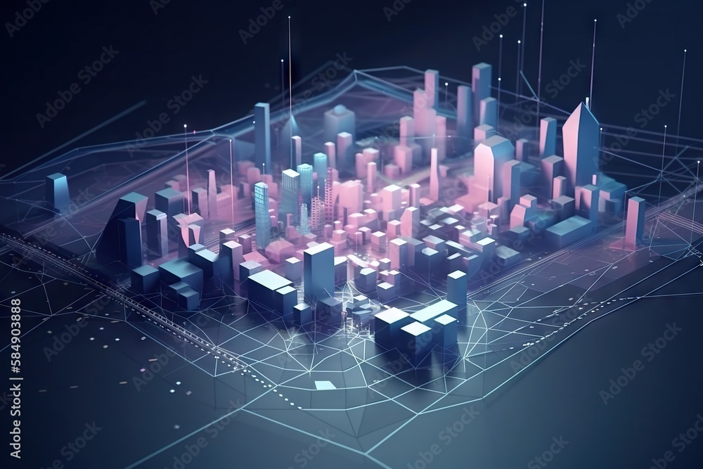 Poster a city with buildings and lines on it's surface with a blue background modern urban skyline animatio