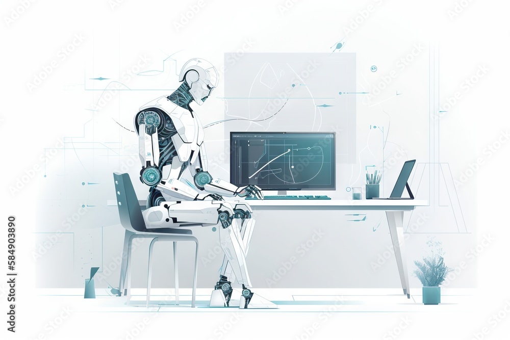 Poster a robot sitting at a desk with a computer on it's desk workshop animation robotics engineering