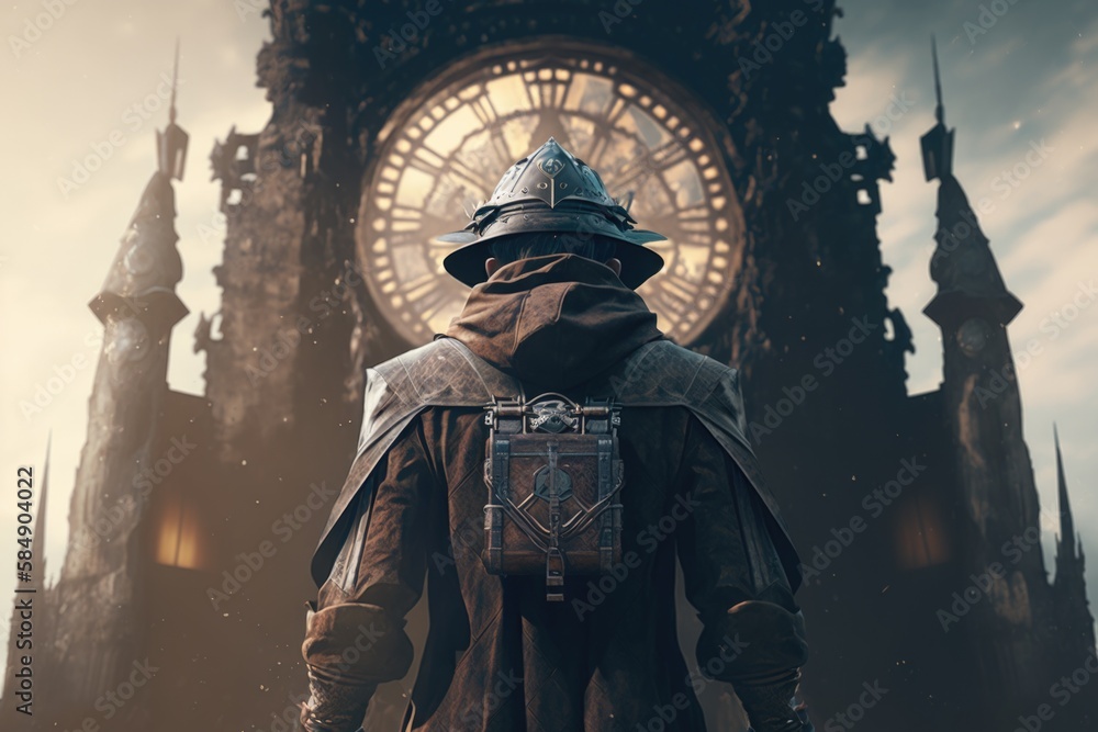 Poster a man in a hooded outfit and a hat standing in front of a clock tower historic clock tower rococo ga